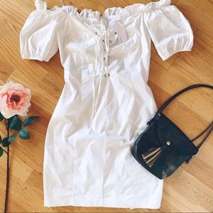 NWT Off the shoulder laced up front  white dress S